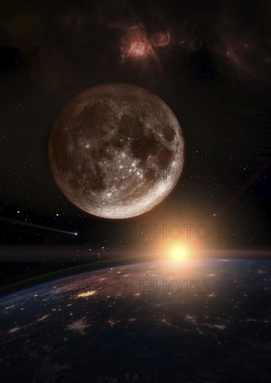 Moon over the dark planet Earth at sunrise. A nebula appears in the distance and a comet is running