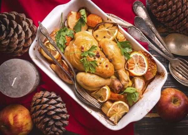 Roasted chicken. Christmas food. Rustic celebration table with roasted chicken, vegetables, apples,
