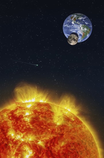 Fantasy composition of a solar eclipse seen from the Sun with the Moon projecting its shadow on the