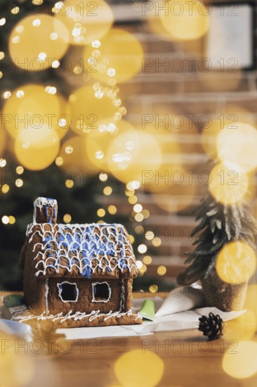 Little homemade gingerbread house with glaze standing on the table with decorations, candles and