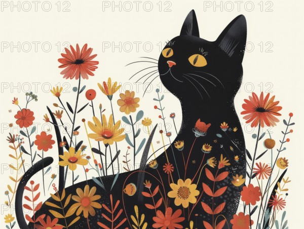 Stylized graphic illustration of a black cat lounging among warm-colored flowers, ai generated, AI