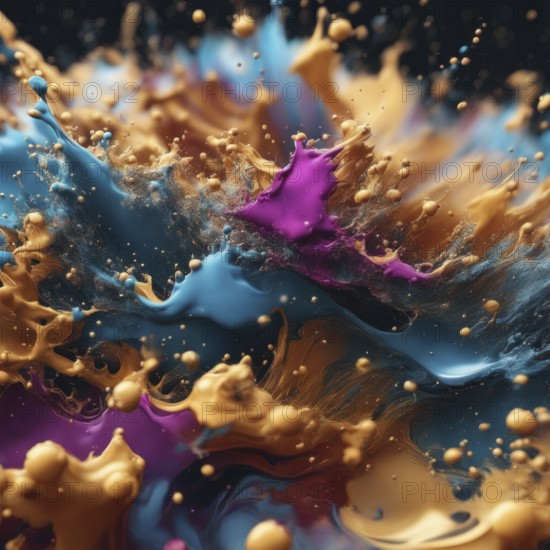 Dynamic splash of gold, blue, and purple paint creating a vibrant abstract pattern against a dark
