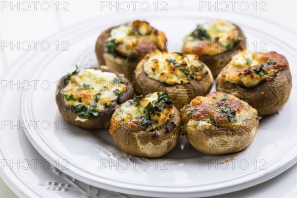 Baked champignons mushrooms, filled with cheese, parsley and roasted garlic on white plate.
