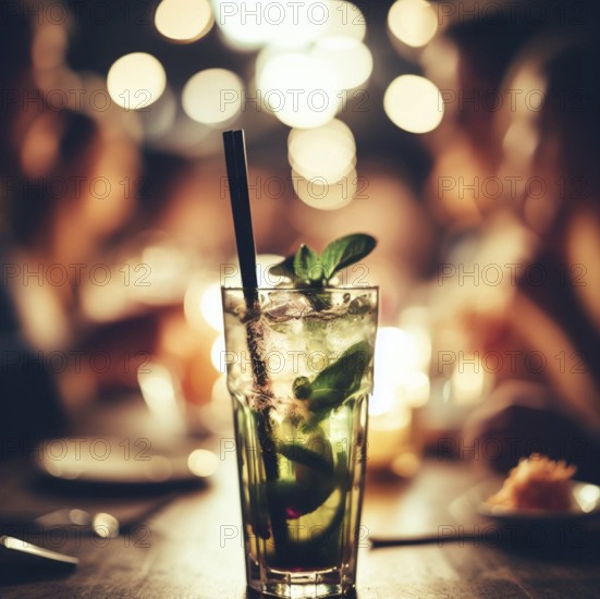 Illustration of a mojito cocktail drink in a bar pub at night, dim warm light, selective focus