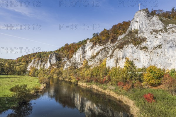 Danube with cross rocks in the autumnal Upper Danube Valley, Gutenstein, Upper Danube nature park