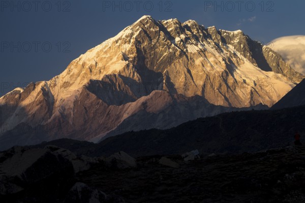 Seven-thousander Nuptse, 7861m, at sunset on an April, spring, pre-monsoon day, seen from Lobuche.