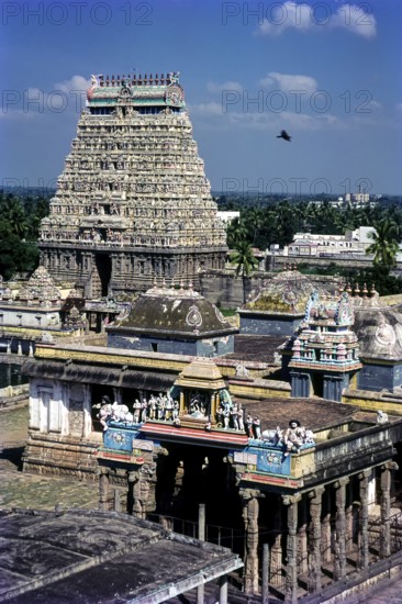Thousand pillared hall and north tower gopuram in Thillai Nataraja temple in Chidambaram, Tamil