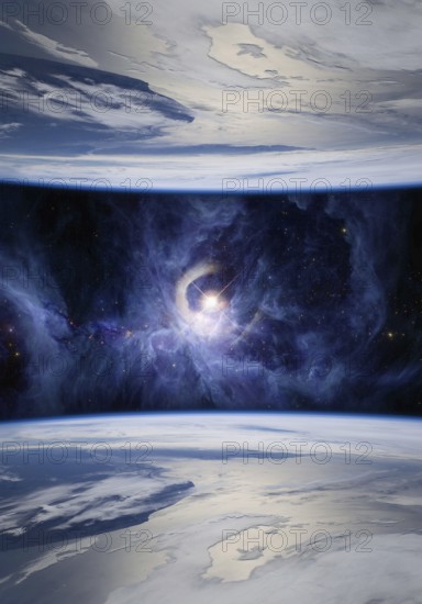 Fantasy image of mirrored Earths symbolizing parallel universes. The V1331Cyg star is shown on the