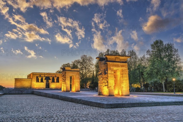 Madrid Spain, sunset city skyline at Temple of Debod