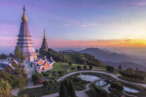 Noppamethanedol and Noppapol Phumsiri pagoda and picturesque sunset sky. Doi Inthanon national