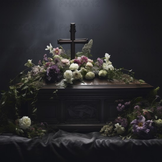 Coffin with cross, atmospherically decorated with flowers, funeral bouquet, KI generated, AI