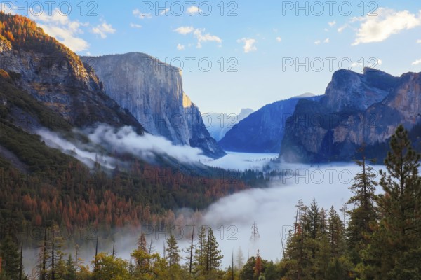 The iconic view of Yosemite Valley and the magnificent El Capitan in a storm from Tunnel View in