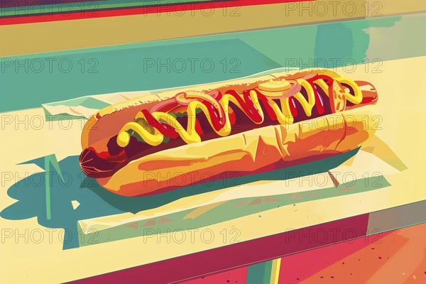A pop art-inspired illustration of a hot dog with mustard and ketchup, street food, illustration,