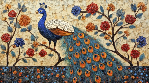 A peacock perched on a branch surrounded by flowers with a vibrant and detailed display of