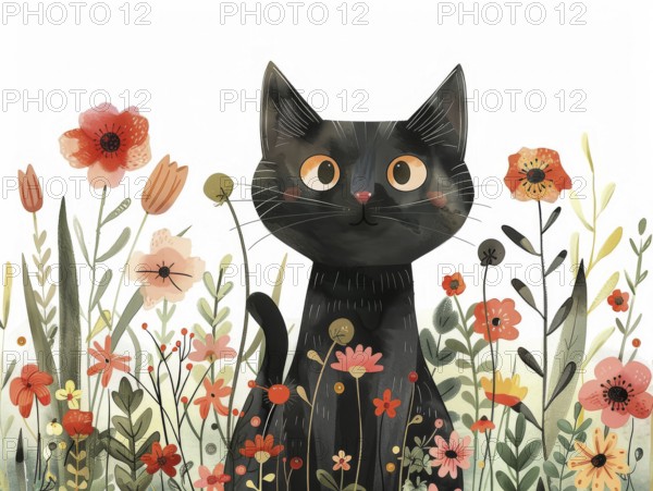 Cheerful and bright illustration of a black cat with detailed orange eyes and surrounding flowers,