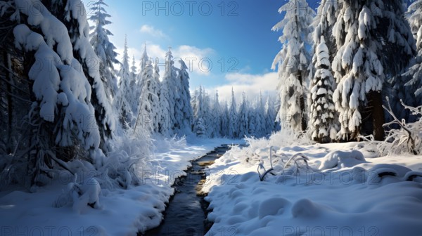 Fairytale winter landscape, A small stream flows through a coniferous forest covered with snow in
