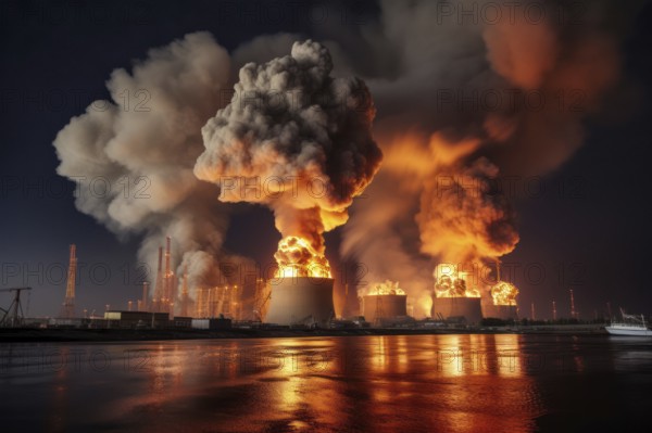 Super GAU, fire catastrophe in a nuclear power plant, rainy clouds of smoke, sea of flames, nuclear