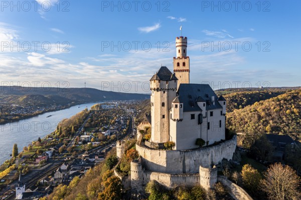 Aerial view of the Rhine Valley with the Marksburg Castle, Braubach, UNESCO World Heritage Site,