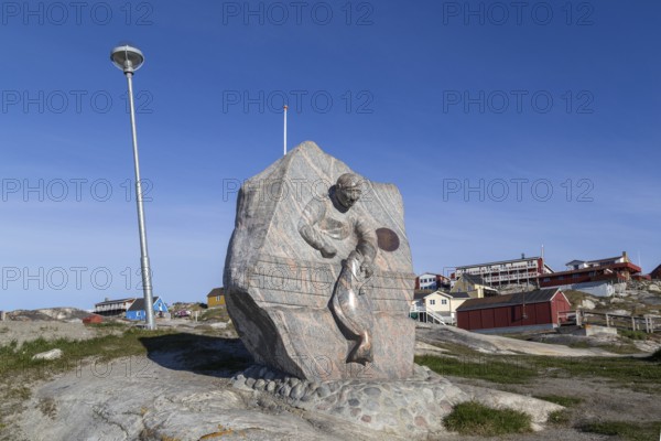 Ilulissat, Greenland, June 30, 2018: Monument commemorating long line fishing and halibut, North