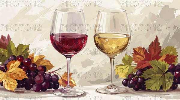 Painting of two wine glasses with red and white wine surrounded by grapes and autumn leaves, AI