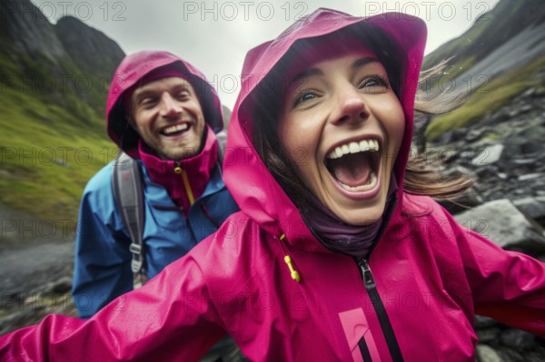 Young couple in mackintosh stands beaming with joy in free nature. behind Nordic landscape and