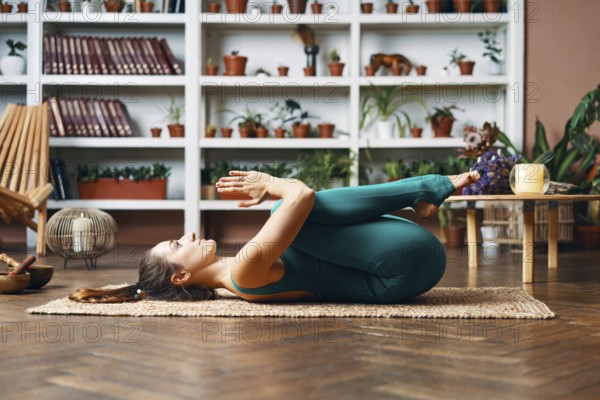 Young woman lying on the back with his knees doing twisting exercise at home. Healthy lifestyle