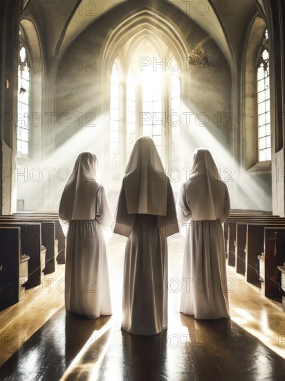 Three Catholic nuns at morning devotions in a chapel flooded with light, KI generated, AI generated