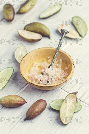 Australian finger lime or caviar lime, edible fruits used in gourmet cuisine. Citrus australasica