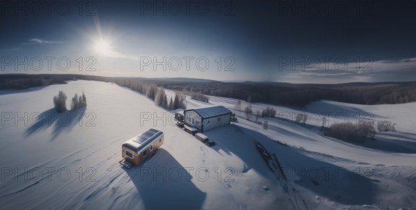 Trailer outdoors in winter in the forest with a solar panel on the roof. The concept of life
