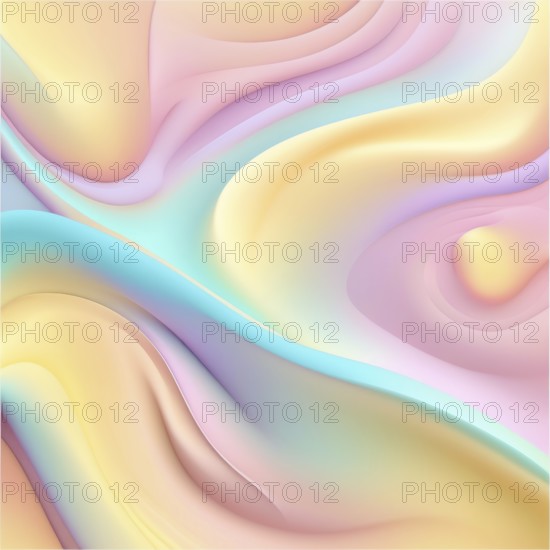 Abstract background of smooth, flowing pastel colors with wavy patterns in pink, yellow, and blue,