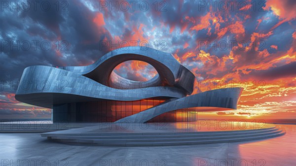 Modern building with metallic spiral design set against a dramatic sunset sky, AI generated