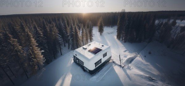 Trailer outdoors in winter in the forest with a solar panel on the roof. The concept of life