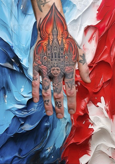 The sign of the thieves, a hand tattooed with Russian church, lies on the national colours with the