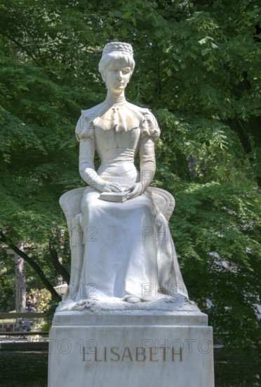 Empress Elisabeth of Austria Monument in white marble on the summer promenade of Merano, South