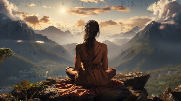 Young woman meditating in the sunset, in a Nepalese high valley, KI generated, AI generated