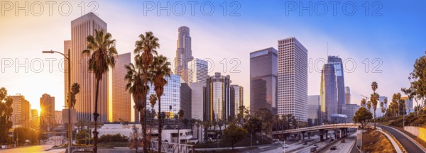 panoramic view at the skyline of los angeles during sunrise