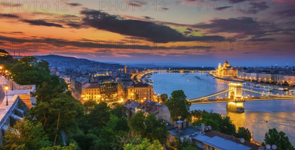 Panoramic view of Budapest with Hungarian Parliament Building on the bank of the Danube and Chain
