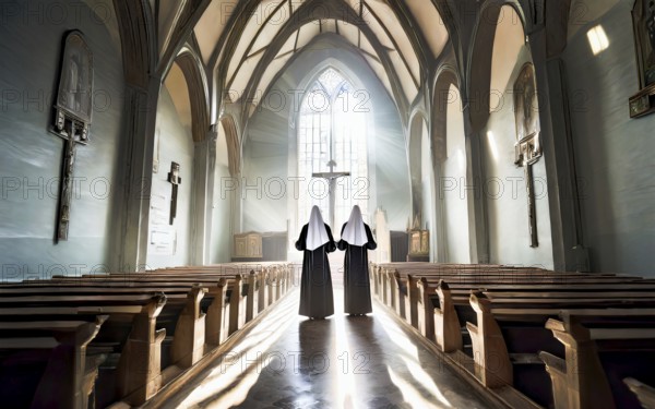 Two Catholic nuns during morning devotions in a chapel flooded with light, KI generated, AI