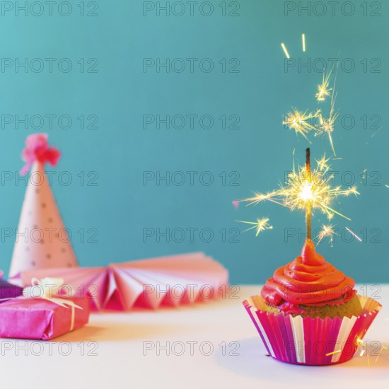 Close up cupcake with burning sparkler