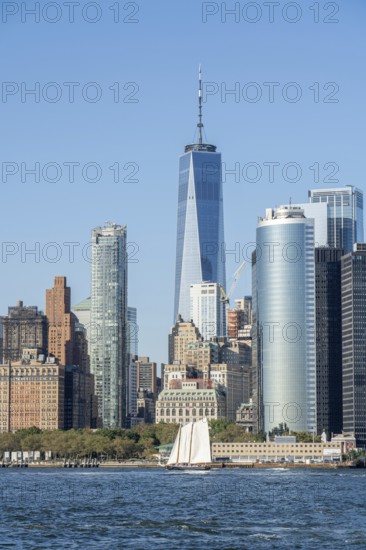 New York, United States of America, September 19, 2019: Sailboat in front of the Lower Manhattan