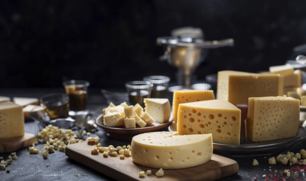Sliced porous cheese on the table, cheese products, AI generated
