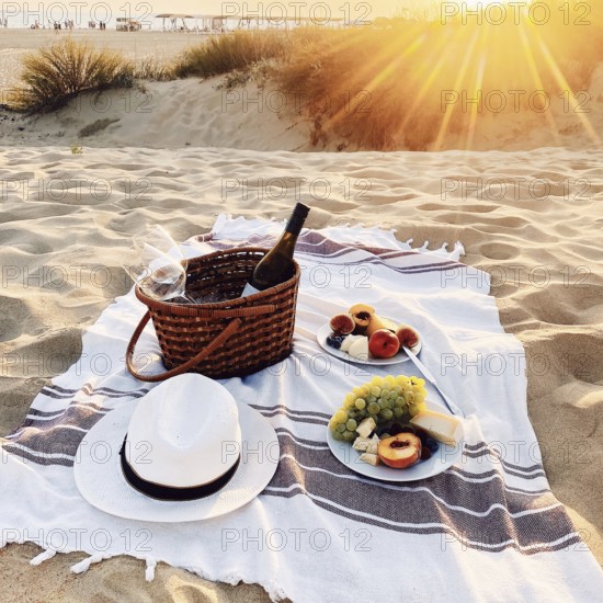 Romantic picnic on sandy beach at amazing evening sunset, blanket with wine bottle and glasses in