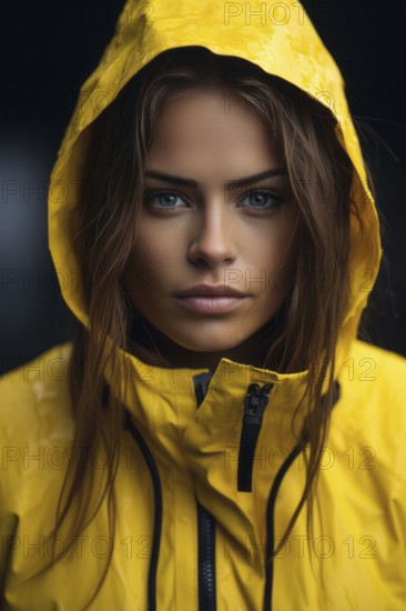Young woman, dripping wet, brown hair in yellow rain jacket with hood, serious look, rain, Weter,