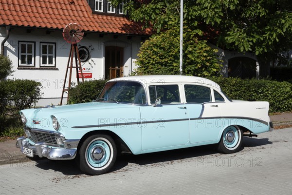 Blue vintage car Chevrolet Bel Air parked on the street, Lower Saxony, Germany, Europe
