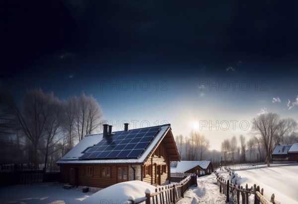 Solar battery on the roof of a village house in winter in nature. autonomous power supply at home,