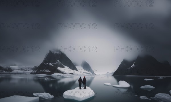 Two travelers with backpacks and winter clothes on an ice floe on a glacier in winter. Couple