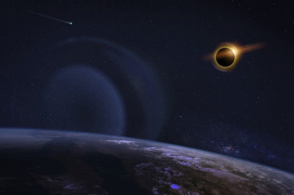 Solar eclipse with orange halo over the planet Earth, on dark starry sky. Elements of this image