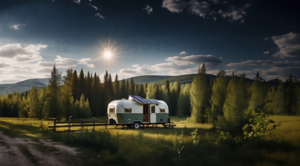 Trailer outdoors in in the forest with a solar panel on the roof. The concept of life outside