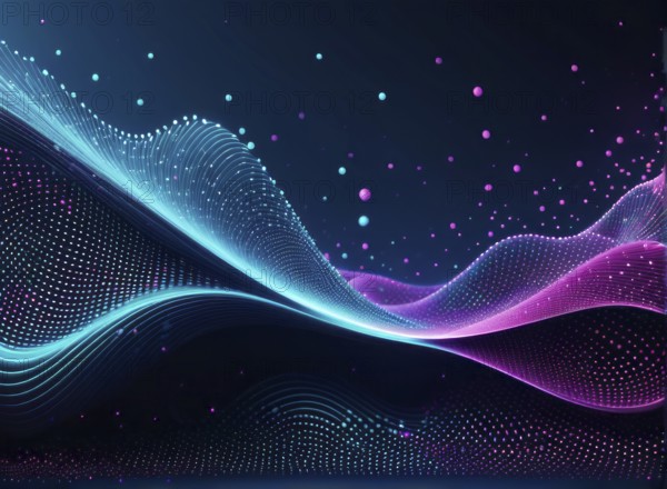 Surreal digital image featuring flowing waves of blue and purple with dot patterns on a dark