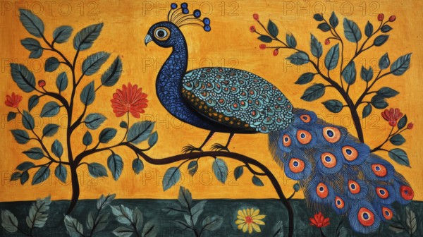 A peacock perched on a branch surrounded by vibrant leaves and flowers with a stunning display of